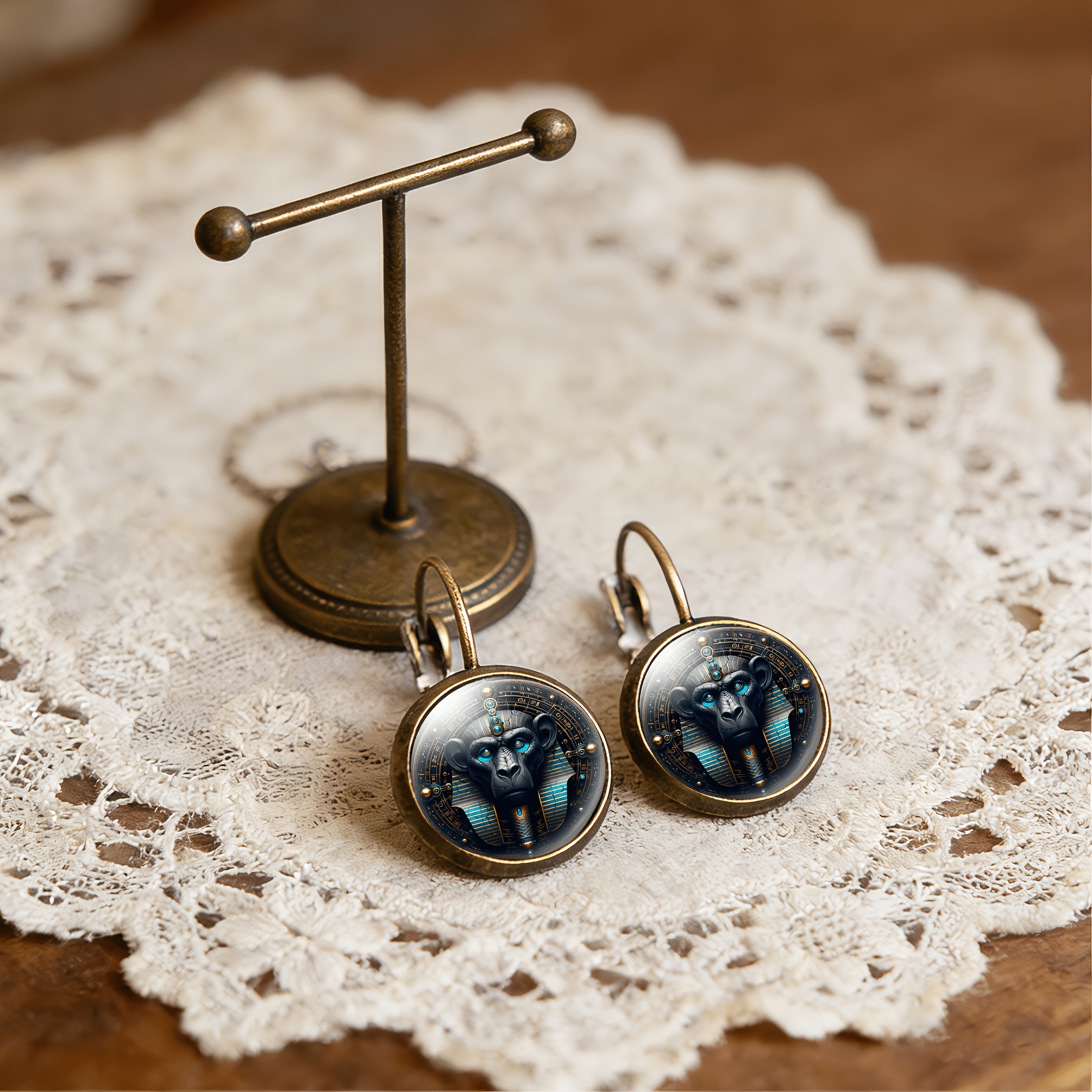 Antique Cyan Round Classical Earrings with Baboon Head Design
